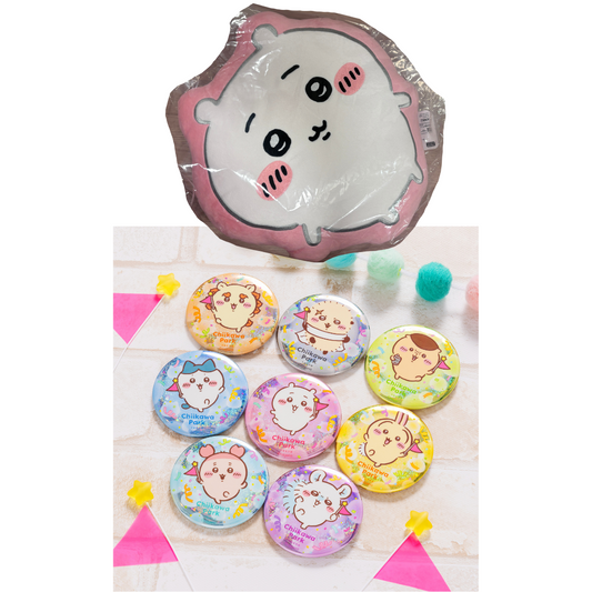 [MERCH] Chiikawa Park Exclusive Shiny Pin Badge / Plush Cushion