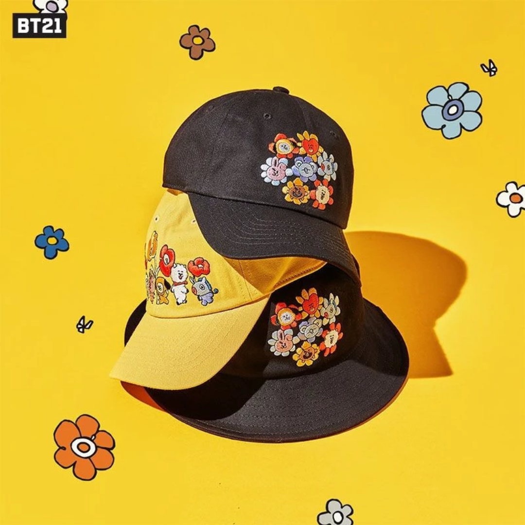 [MERCH] BT21 Flower Embroidery Black Ball Cap